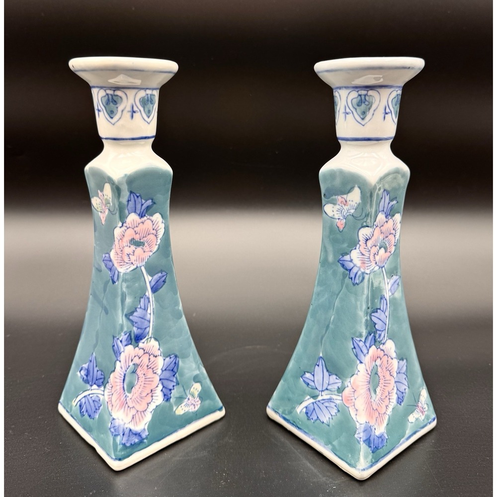 Vintage Porcelain Chinoiserie Candlestick Holder Pair Turquoise Floral Butterfly